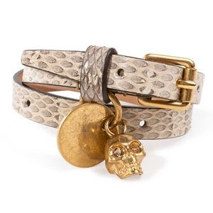 ALEXANDER MCQUEEN AUTH SnakeSkin Leather DoubleWrap Skull Crystal Charm Bracelet